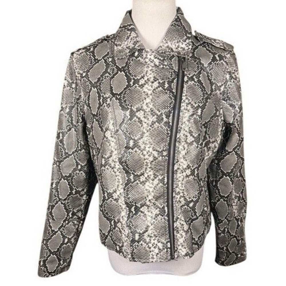 Miss Selfie Moto Jacket Women XL Snake Print Grey Asymmetrical Zip EXCELLENT